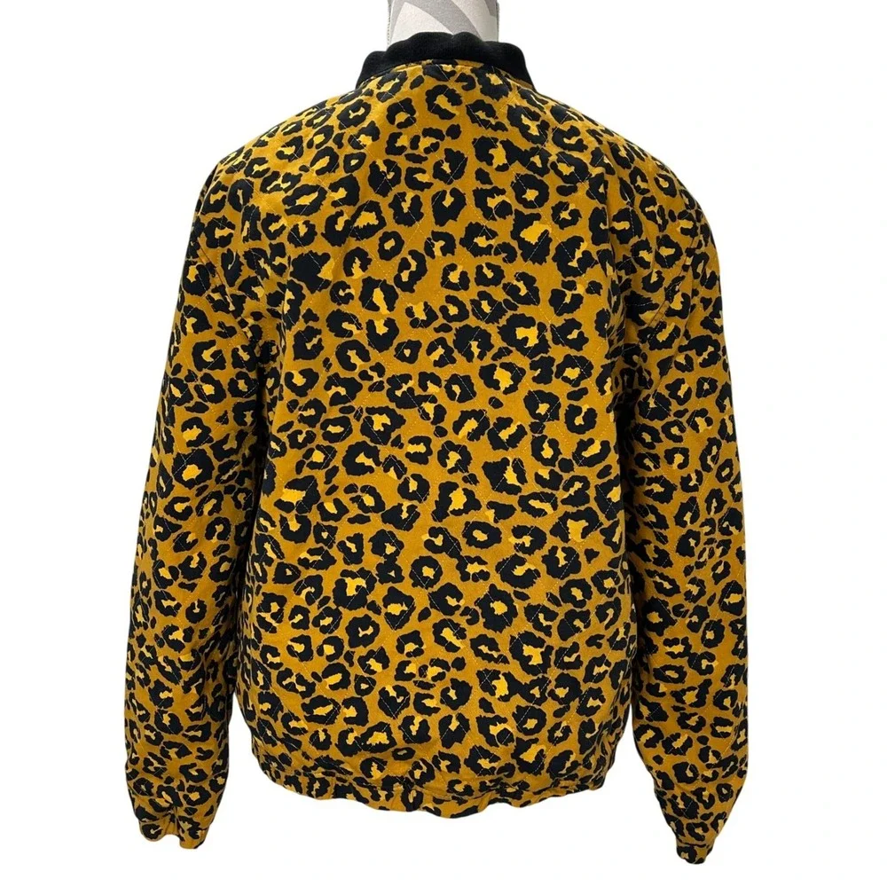 H&M Leopard Print‎ Bomber Jacket Mustard Yellow Black Quilted Full Zip Women M